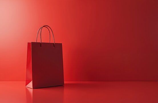 Single red shopping bag stands on red surface against red wall. Minimalist style photo shows retail purchase item. Ideal for sales promotions.