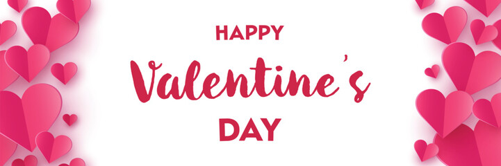 Valentine&rsquo;s Day banner with floating paper cut hearts. Abstract background design. Vector illustration