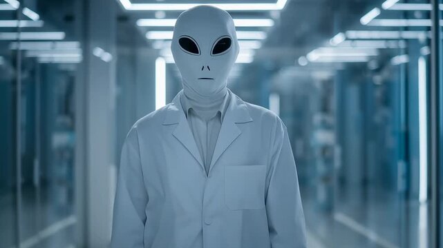Alien scientist in a white lab coat standing with crossed arms inside a futuristic laboratory corridor, clean sci fi concept showing research, technology, and unknown intelligence