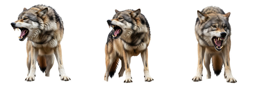 Grey Wolf Canis Lupus growling and aggressive isolated on white background, set of snarling predators in different poses for wilderness nature, biological study, and wildlife art