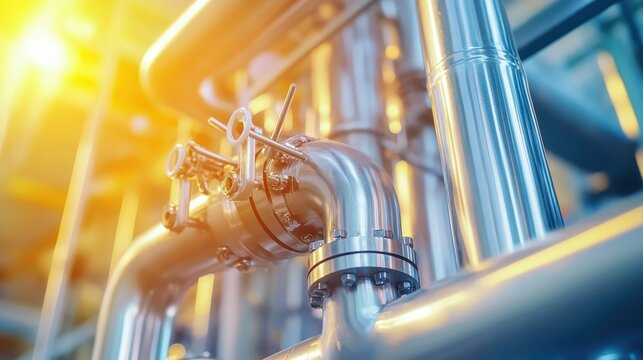 Close up view of interconnected industrial steel pipes and machinery in a complex system