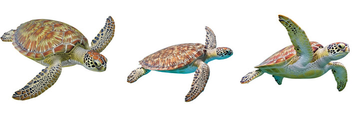 Green Sea Turtle Chelonia Mydas swimming in different poses isolated on white background, group of endangered marine reptiles with colorful shells and flippers for aquatic biology art