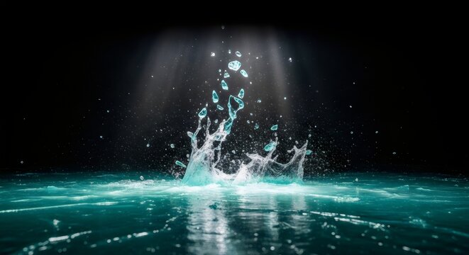 Dramatic high-speed photography captures a vibrant turquoise water splash exploding upwards against the dark background