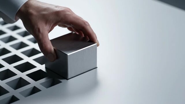A human hand precisely places a metallic silver cube into a grid of square holes on a clean, light-colored surface, symbolizing order and integration.
