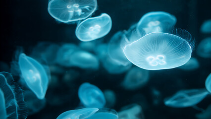 Obraz premium Bioluminescent Moon Jellyfish Swarm in Deep Blue Ocean Waters.