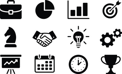Business and productivity icon set with briefcase, pie chart, bar graph, target, chess knight, handshake, light bulb, gears vector. © Empowerment angle 