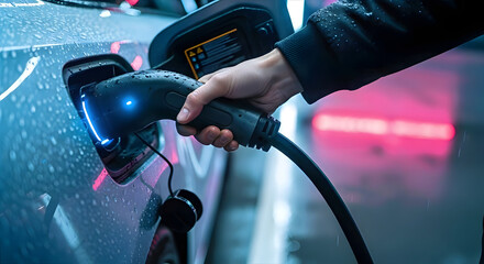 Charging an Electric Vehicle: A close-up shot of a hand plugging a charging cable into an electric vehicle, showcasing modern technology and sustainable transport solutions.