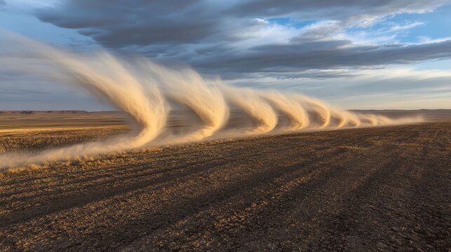 Dust devils swirling and dancing across barren plains under a dramatic sky