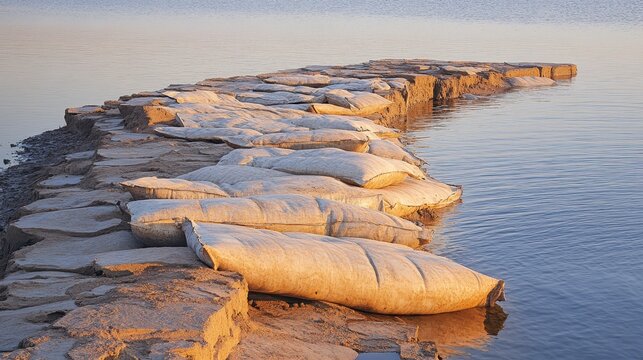 Eroded sandbags scattered and partially disintegrated along a rocky shoreline with calm water reflecting the sky