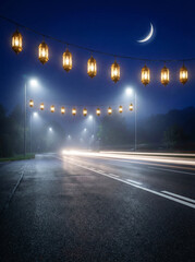 Ramadan Night Road Background With Crescent Moon and Hanging Lanterns