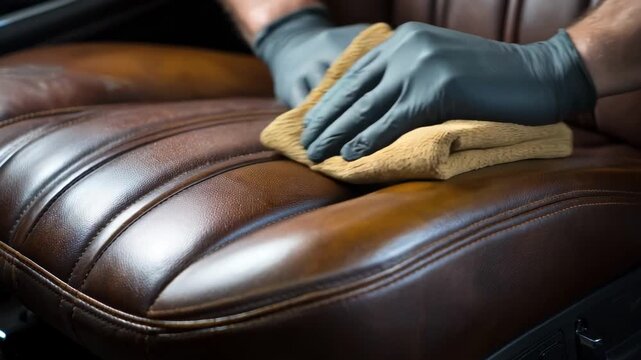 Skilled hands gently buffing scuffed leather upholstery to blend imperfections and renew the seats smooth surface.