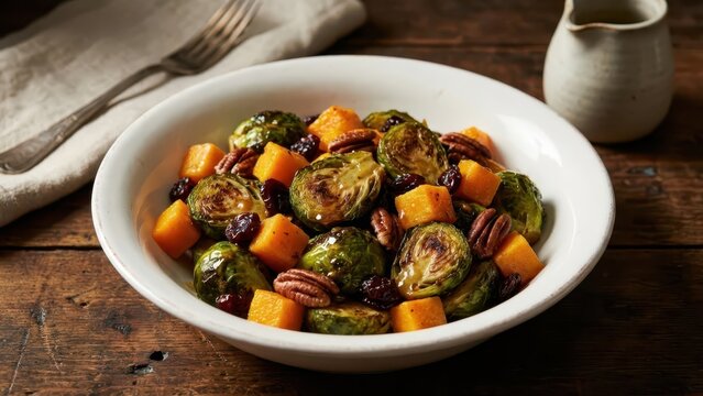 Roasted Brussels Sprouts and Butternut Squash Medley with Pecans and Cranberries