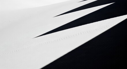 Striking abstract minimalism captures the dramatic contrast between sharp shadows and white sand ripples in a stark desert landscape.