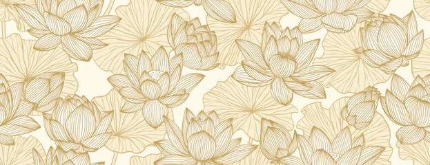 Obraz premium Chinese seamless pattern with lotuses. Gold line drawing of lotus flowers and leaves on a light background. Hand drawn botanical elegant golden waterlily flower in line art style.