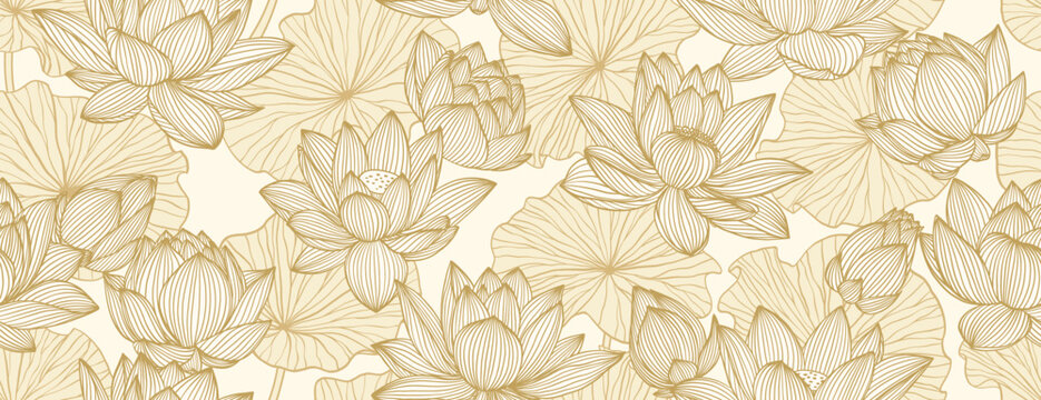 Chinese seamless pattern with lotuses. Gold line drawing of lotus flowers and leaves on a light background. Hand drawn botanical elegant golden waterlily flower in line art style.