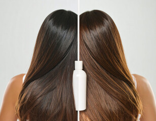 Fototapeta premium Beautiful before and after hair transformation showing a shift from dark to light brown. A sleek white bottle highlights the coloring process, ideal for beauty and hair care salon marketing.