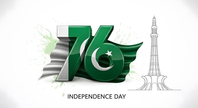 76th independence day pakistan, stylized number 76 with pakistan flag and minar e pakistan icon