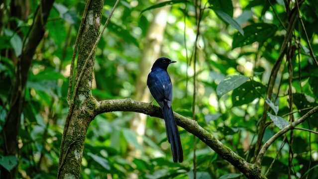 Majestic Black Murai Batu Bird Perching Gracefully on a Branch in a Lush Tropical Forest