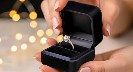 The Sparkle of Commitment: Delicate hands tenderly unveil a radiant diamond ring within a luxurious, black velvet box, capturing the essence of a cherished moment.