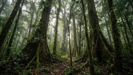 Obraz premium Misty rainforest jungle canopy with towering ancient trees and lush green foliage