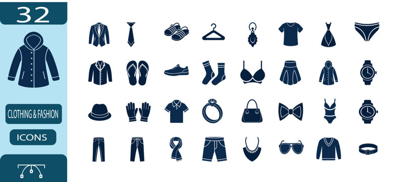 Clothing and fashion accessories icon set, modern men and women apparel symbol, casual wear and jewelry vector illustration with editable stroke.