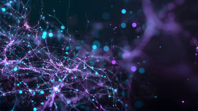 Abstract visualization of glowing purple and cyan neural network connections firing with digital light particles across a dark background.
