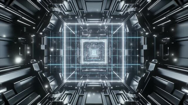 Futuristic Sci- Fi Tunnel with Glowing Geometric Patterns and Light Streaks sci-fi animated
