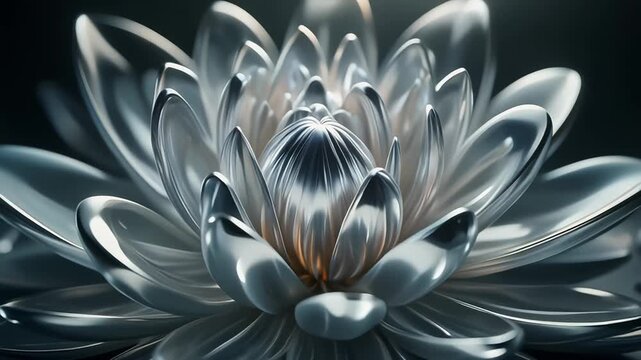 Intricate metallic lotus flower with detailed petals and a central core reflecting light in a dark environment animated