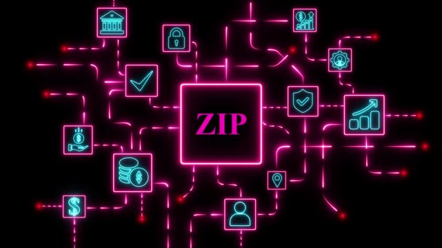 Digital Zip File Network with Financial and Security Icons