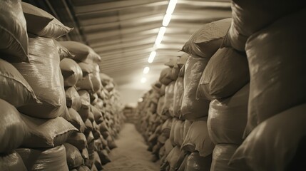 Rows of bulk sacks containing nutrient rich fortified flour neatly stacked within a dimly lit warehouse industrial storage facility