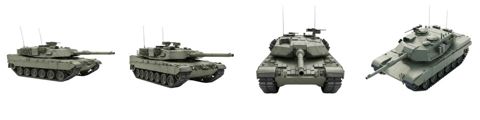 Set of modern military battle tanks in multiple tactical positions and angles, heavy armored combat vehicles isolated on white background, 3D render, PNG © sorab