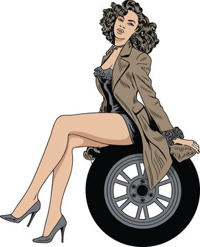 A stylish woman sitting on a large wheel with a confident and relaxed pose.