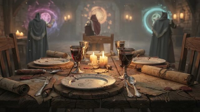 Medium shot focusing on a table set with rustic dinnerware featuring ancient scrolls and goblets blurred fantasy characters performing magical acts in the backdrop.