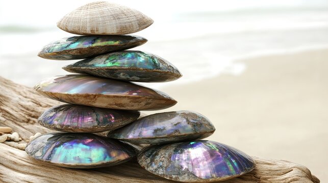 Stacked polished abalone shells displaying iridescent colors on a beach background