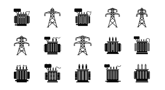 A set of black and white vector graphics depicting various electrical substation and power transmission tower icons