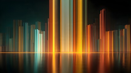 Abstract glowing vertical bars reflecting brightly on a dark wet surface creating a futuristic cityscape impression