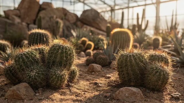 Medium shot of diverse cacti in a desert biome greenhouse with sharp focus on spiky textures softly blurred rocky background under bright morning sunlight.