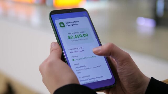 Modern mobile banking UI: user receives a large payment alert and checks transaction details. Sleek notification and seamless financial app experience. Ideal for fintech promos, online banking