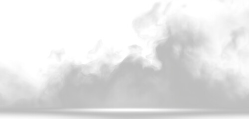 A realistic smoke PNG overlay on a transparent background, perfect for adding atmospheric effects to photos and illustrations The realistic 3D vector mockup shows a perspective view of white smog 