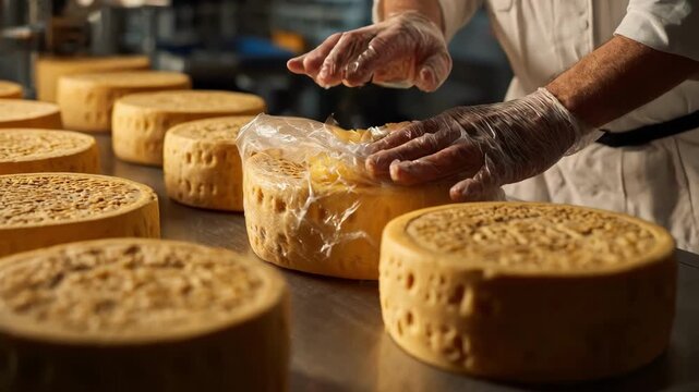 Closeup of a cheesemaker carefully wrapping wheels of cheese stamped with a geographical indication mark emphasizing local dairy craftsmanship.