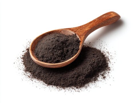 Spoon and chicory powder on white background, top view