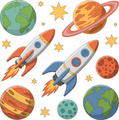 Colorful space-themed illustration featuring planets, rockets, and stars © siam524