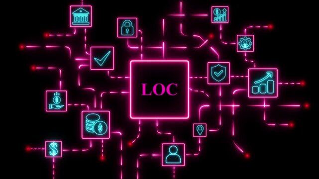 Neon LOC network with financial and security icons