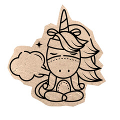 Obraz premium Cute unicorn illustration meditates with closed eyes, wearing a mask and sitting cross-legged. Its mane flows stylishly, and a puff of air or cloud appears near its face