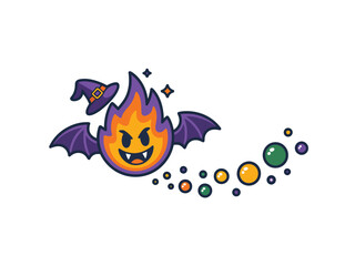 Cartoon ghost with flame face in purple witch hat and bat wings with colorful bubbles in playful spooky style with bright lighting for halloween design