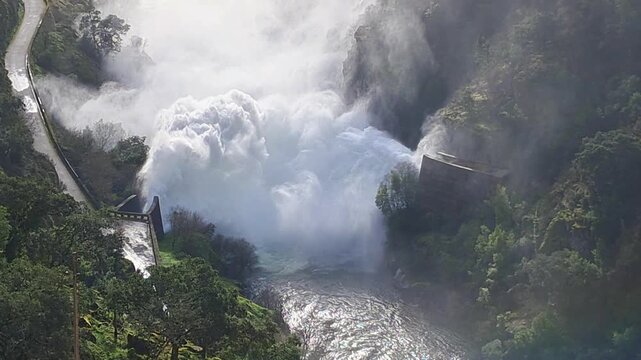 Controlled discharge from the Cabril dam in Portugal during the major floods of 2026