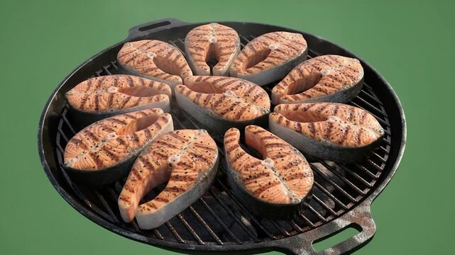 Grilled Salmon Steak: An overhead view of delicious grilled salmon steaks arranged on a cast iron grill, each marked with appealing grill marks, ready to be served for a delightful meal. 