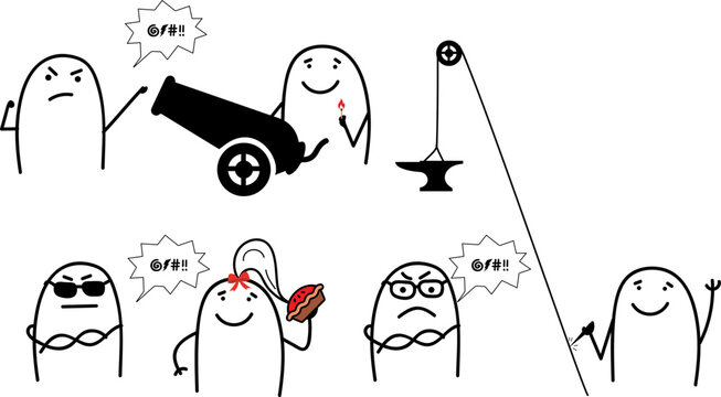 Funny minimalist doodle slapstick traps with anvil, cannon and pie in the face
