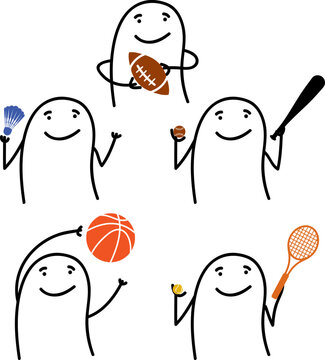 Minimalist doodle sports practice scenes with football, baseball, basketball, tennis and peteca