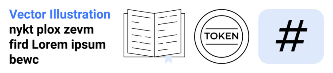 Obraz premium Open book with bookmark, digital token, and metadata tag in a clean layout. Ideal for education, cryptocurrency, social media, branding, innovation, modern trends simple landing page